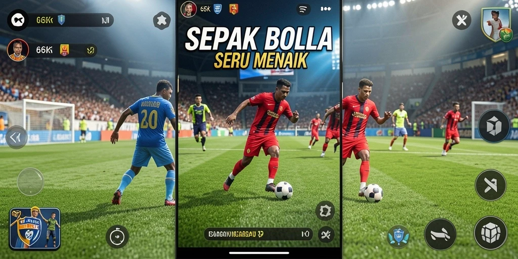 Tampilan aksi seru dalam gameplay game sepak bola 66K.