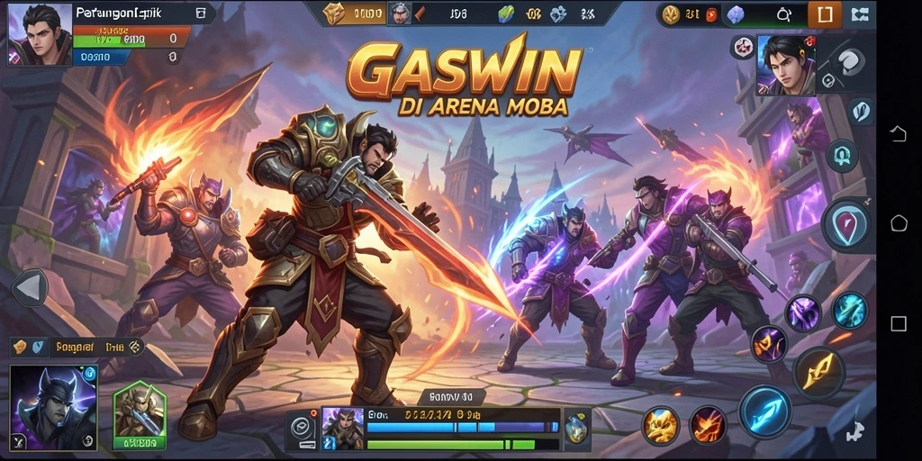Screenshot utama GASWIN menunjukkan aksi seru di arena MOBA.