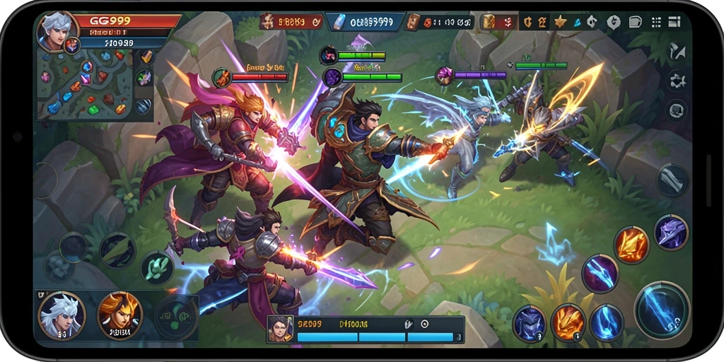 Tangkapan layar gameplay GG999 menampilkan pertempuran epik antara tim.