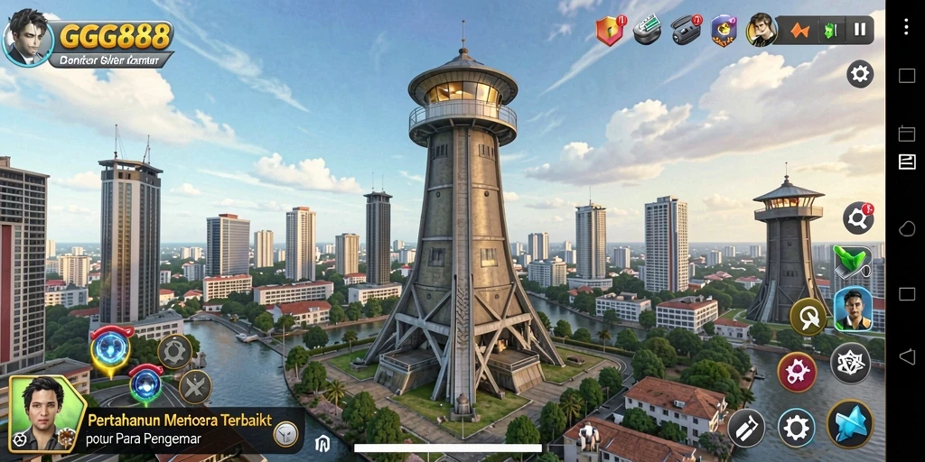 Screenshot GGG888 menunjukkan aksi menara pertahanan di medan perang.