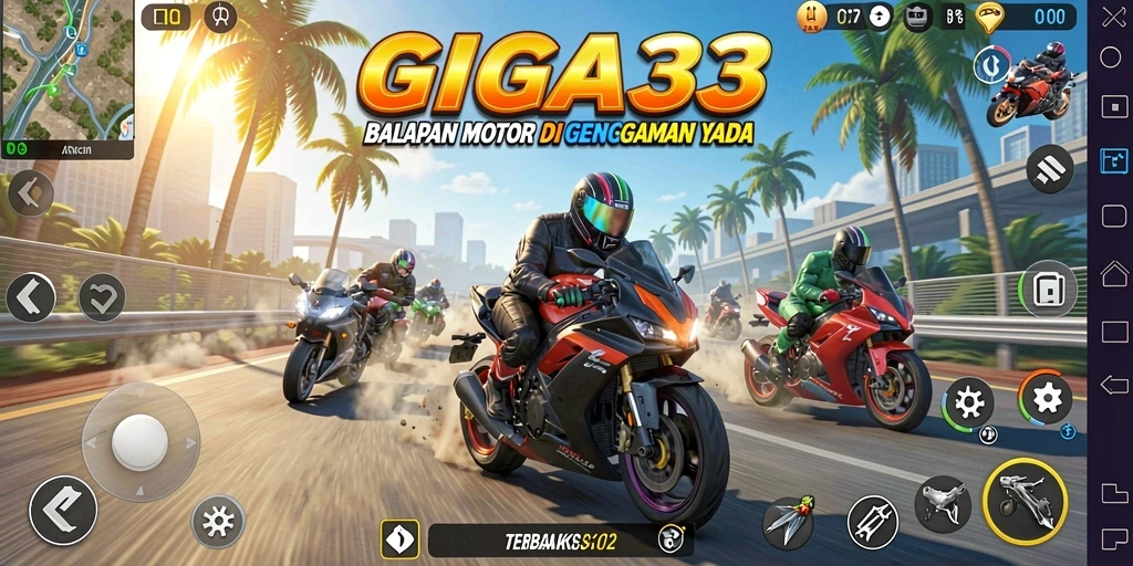 Tampilkan gameplay seru GIGA33 dengan balapan motor cepat.