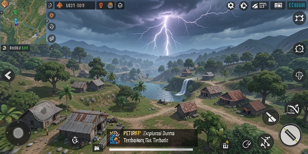 Screenshot gameplay PETIRRP menunjukkan petualangan di dunia terbuka yang luas.