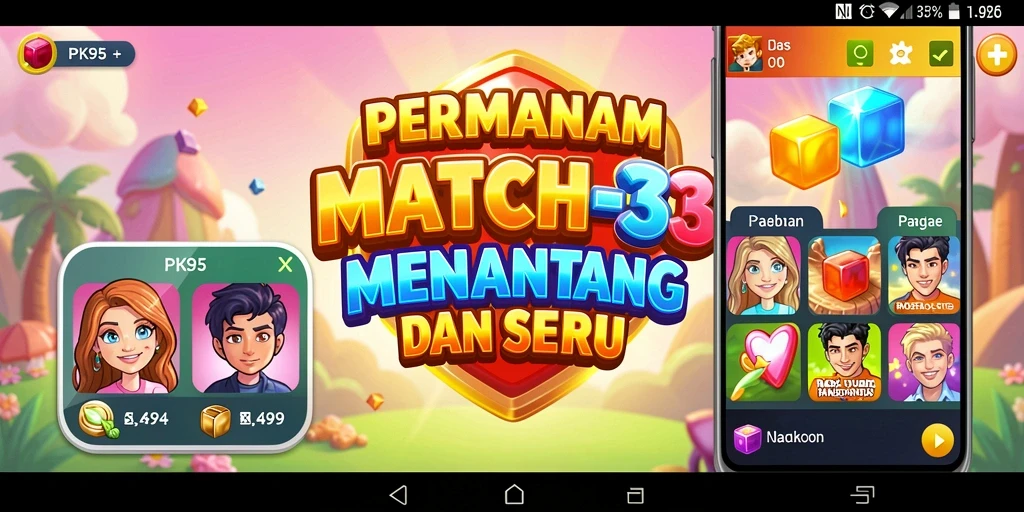Screenshot gameplay PK95 menampilkan permata berwarna-warni dan tantangan Match-3.