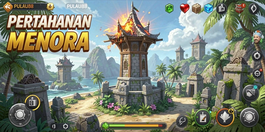 Tampilan gameplay seru PULAU88 dengan menara pertahanan yang beragam.