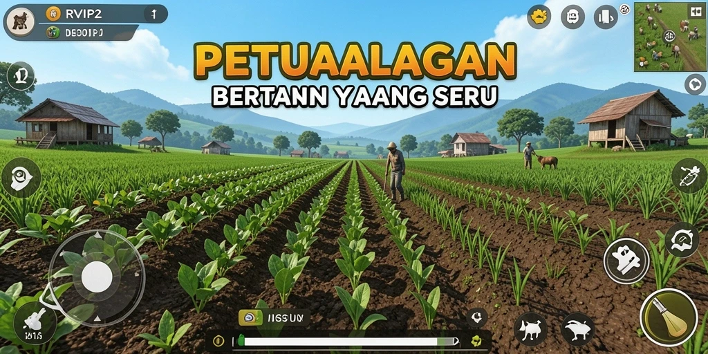 Screenshot utama RVIP2 menampilkan aktivitas gameplay bertani yang seru.
