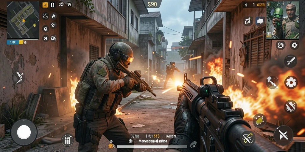 Screenshot gameplay S80 menampilkan aksi pertempuran FPS yang intens.