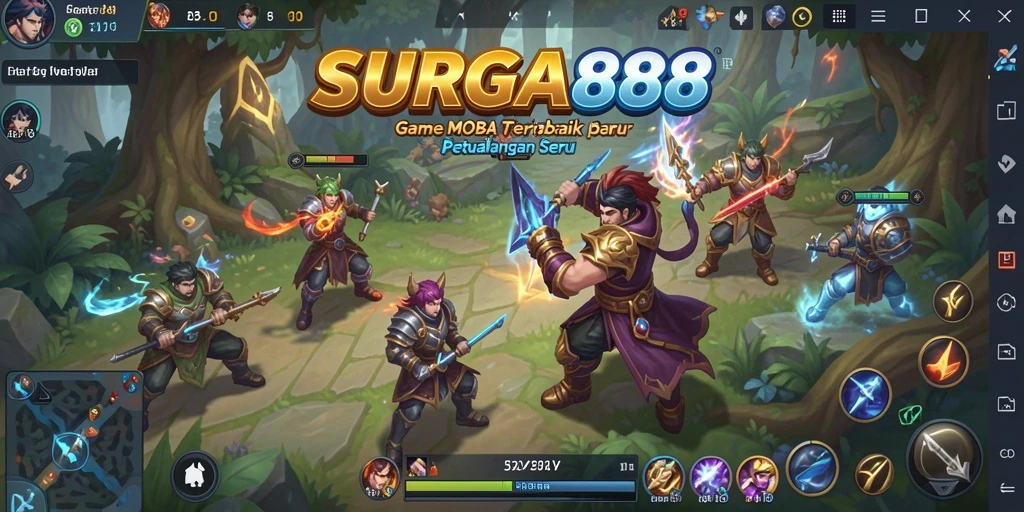 Tampilan gameplay SURGA88 dengan aksi seru dalam pertarungan MOBA.