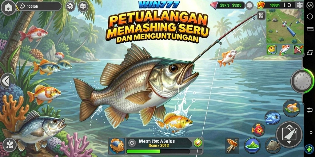 Tampilan gameplay WIN777 dengan ikan yang beraneka ragam dan lokasi memancing indah.